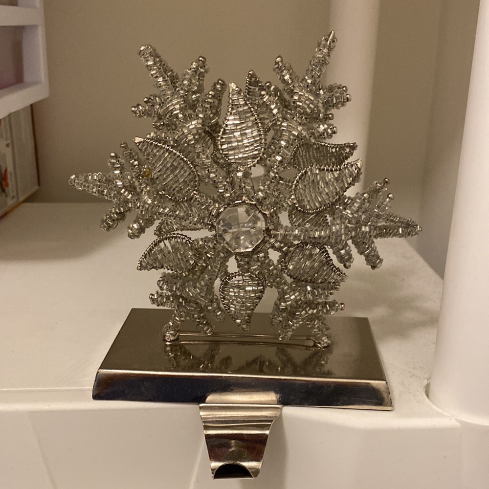 Set of three beaded silver snowflake stocking holders